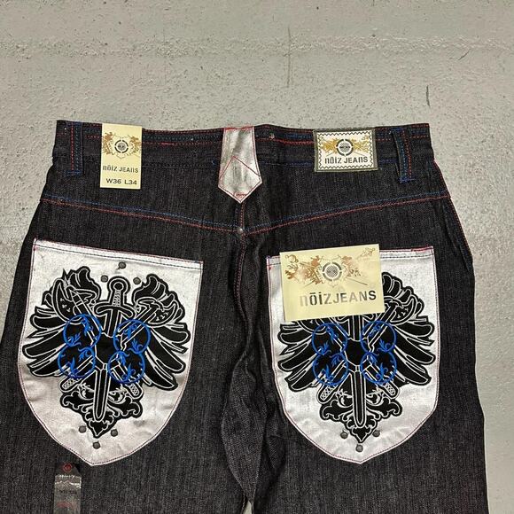 Vintage baggy y2k noiz black raw denim embroidered back pocket design denim - Picture 2 of 6